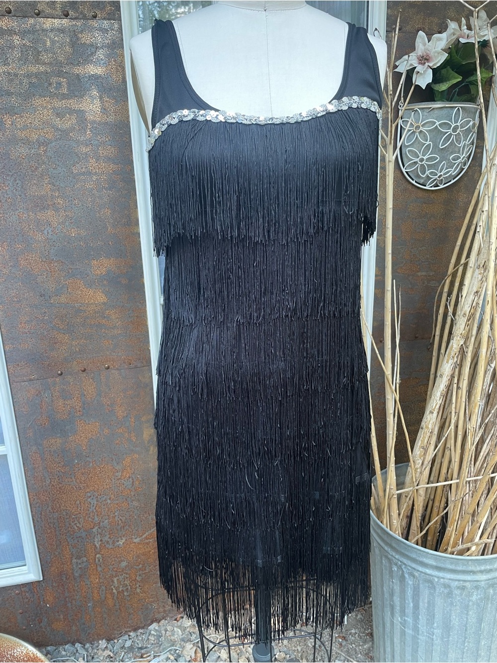 Spirit Black Sequin-Trim Flapper Dress with Gloves and Headband